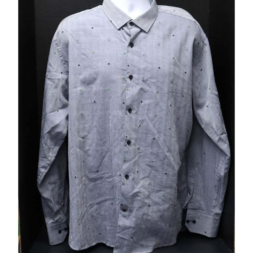 Visconti Black Men's Button Up Blue Long Sleeve Shirt Sz XXL 2X Skull Design